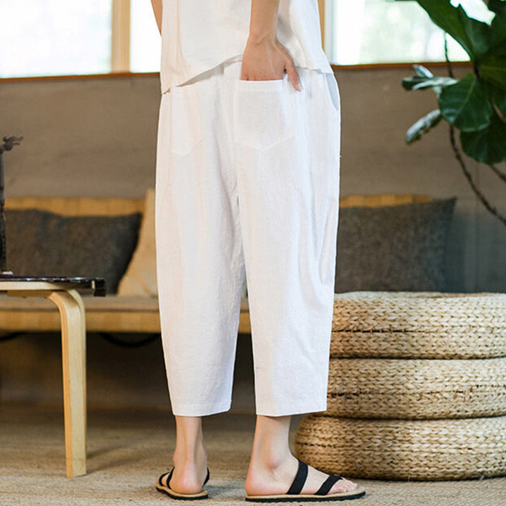 Pantalones harén de lino y algodón con cordón, diseño simple de Buddha Stones, para hombre, de color liso, con bolsillos - image 23
