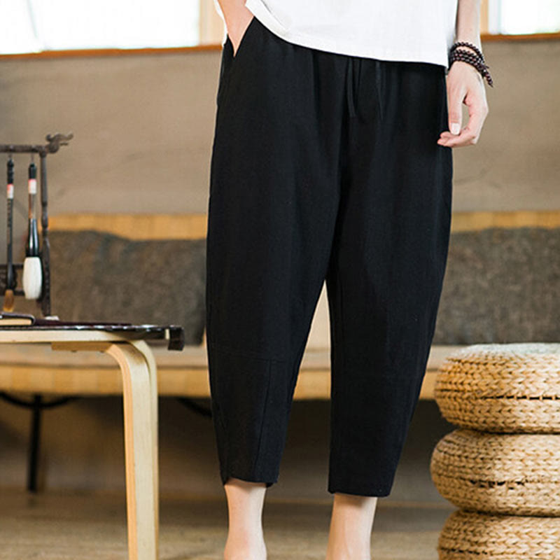 Pantalones harén de lino y algodón con cordón, diseño simple de Buddha Stones, para hombre, de color liso, con bolsillos - image 13