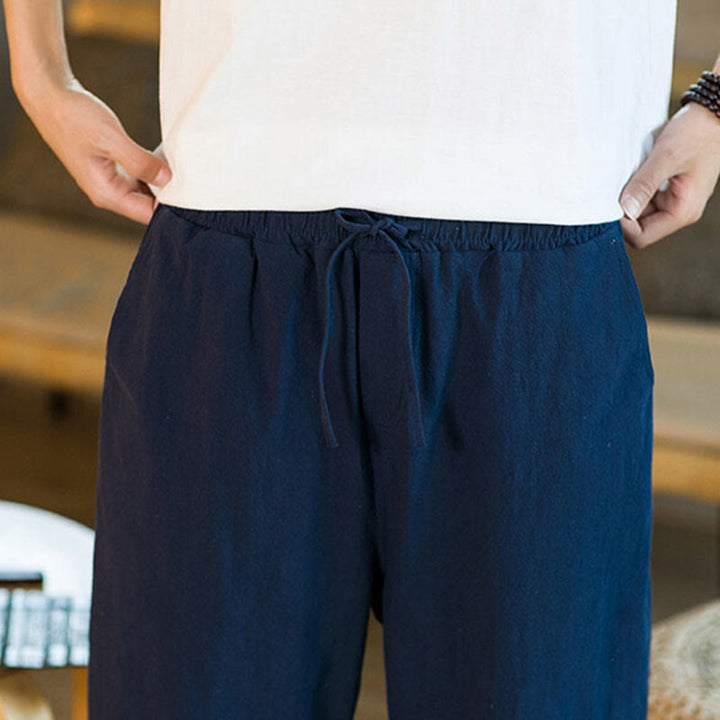 Pantalones harén de lino y algodón con cordón, diseño simple de Buddha Stones, para hombre, de color liso, con bolsillos - image 37