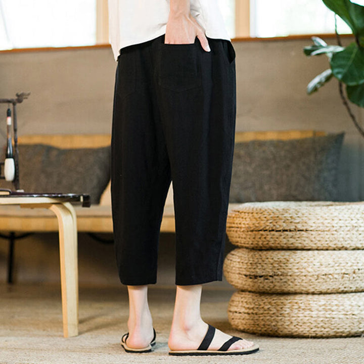 Pantalones harén de lino y algodón con cordón, diseño simple de Buddha Stones, para hombre, de color liso, con bolsillos - image 11