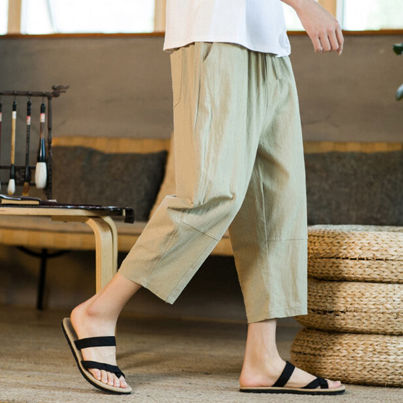 Pantalones harén de lino y algodón con cordón, diseño simple de Buddha Stones, para hombre, de color liso, con bolsillos - image 4