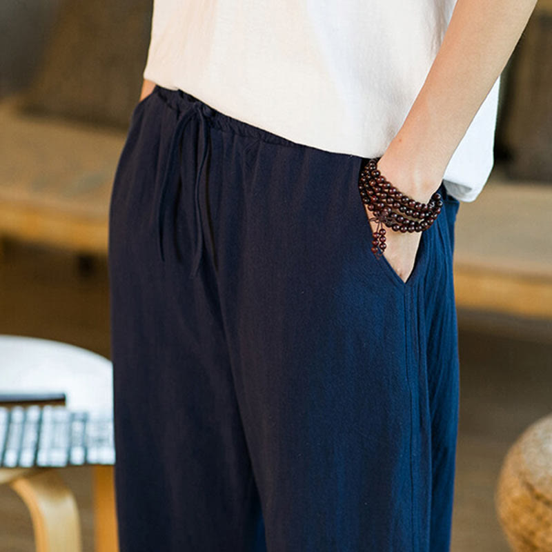 Pantalones harén de lino y algodón con cordón, diseño simple de Buddha Stones, para hombre, de color liso, con bolsillos - image 36