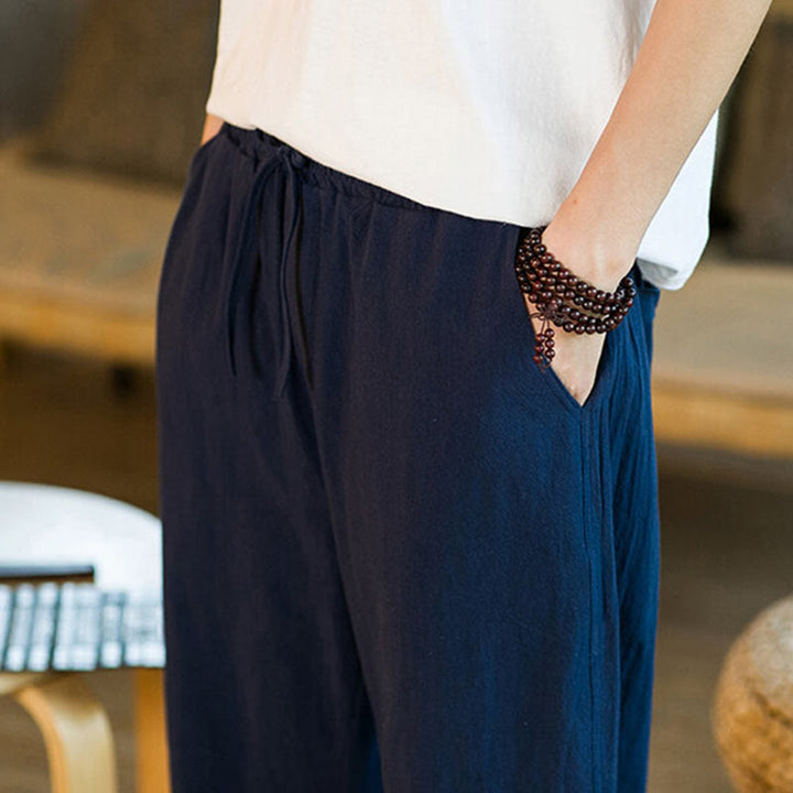 Pantalones harén de lino y algodón con cordón, diseño simple de Buddha Stones, para hombre, de color liso, con bolsillos - image 36