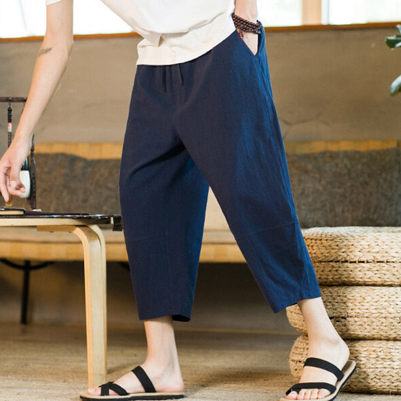 Pantalones harén de lino y algodón con cordón, diseño simple de Buddha Stones, para hombre, de color liso, con bolsillos - image 35