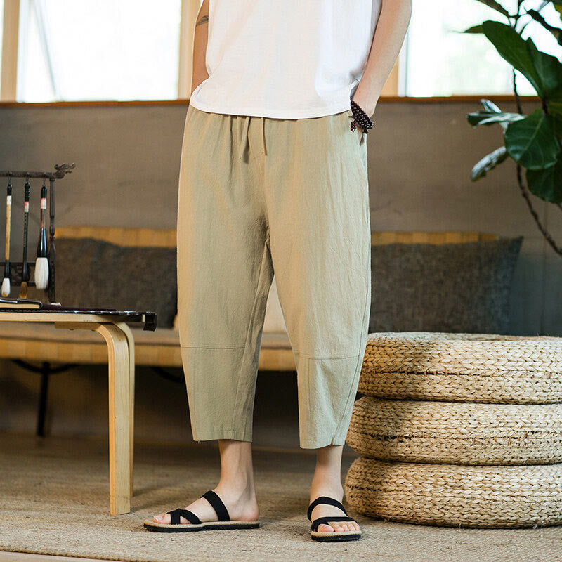 Pantalones harén de lino y algodón con cordón, diseño simple de Buddha Stones, para hombre, de color liso, con bolsillos - image 2