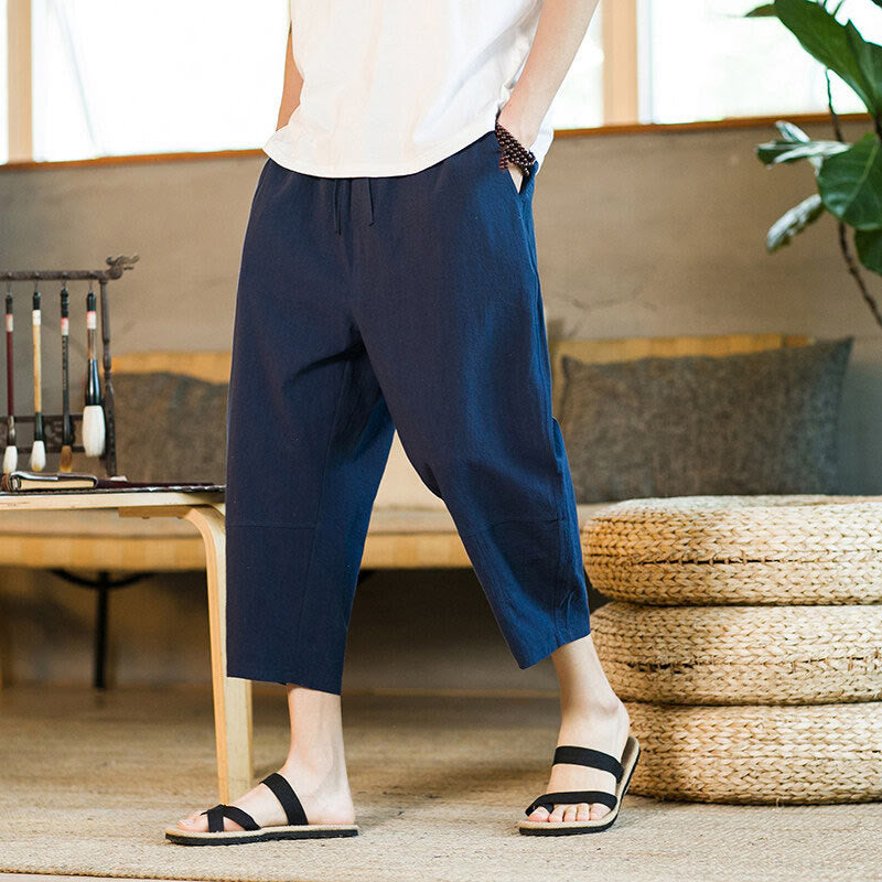 Pantalones harén de lino y algodón con cordón, diseño simple de Buddha Stones, para hombre, de color liso, con bolsillos - image 33
