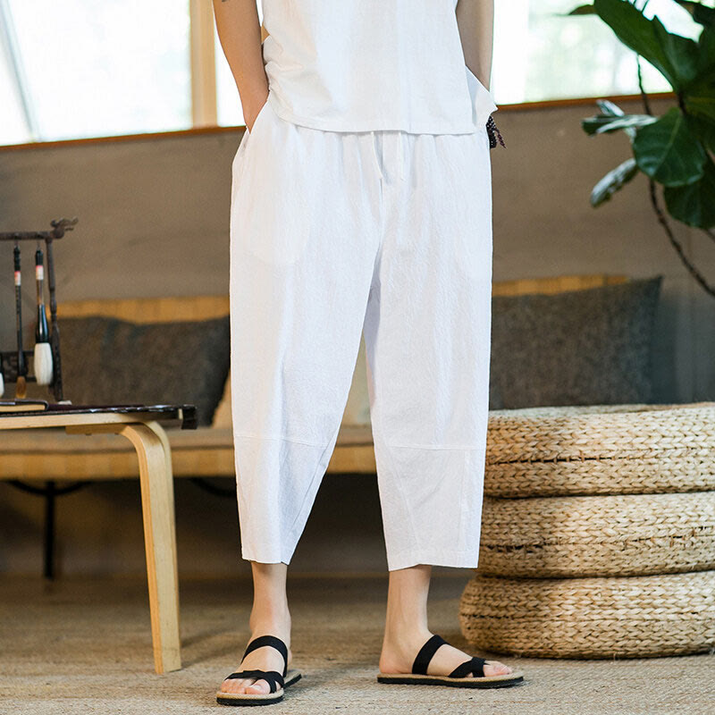Pantalones harén de lino y algodón con cordón, diseño simple de Buddha Stones, para hombre, de color liso, con bolsillos - image 20