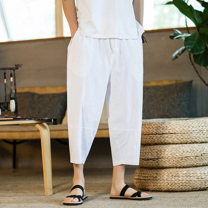 Pantalones harén de lino y algodón con cordón, diseño simple de Buddha Stones, para hombre, de color liso, con bolsillos - image 20