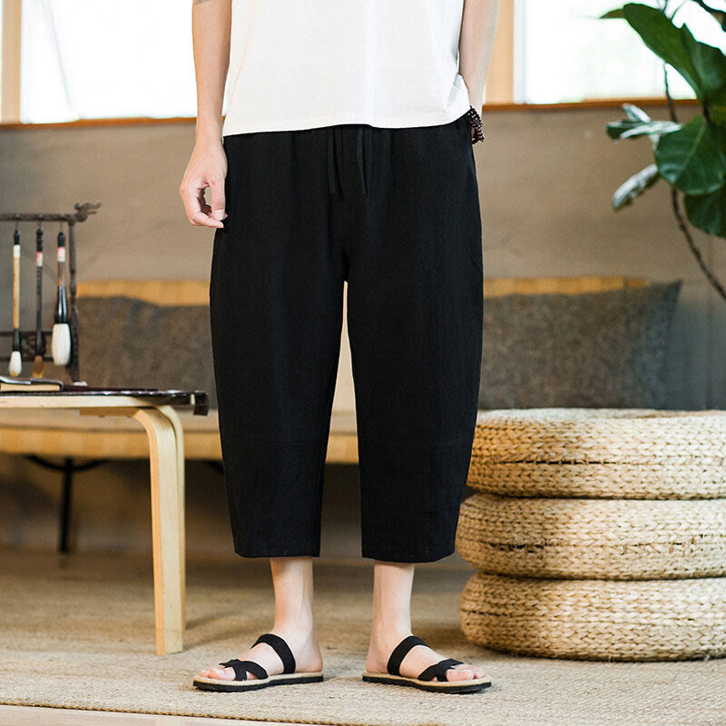 Pantalones harén de lino y algodón con cordón, diseño simple de Buddha Stones, para hombre, de color liso, con bolsillos - Negro - US/UK/AU46, EU56 (5XL) - image 9