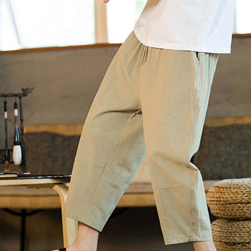 Pantalones harén de lino y algodón con cordón, diseño simple de Buddha Stones, para hombre, de color liso, con bolsillos - image 7