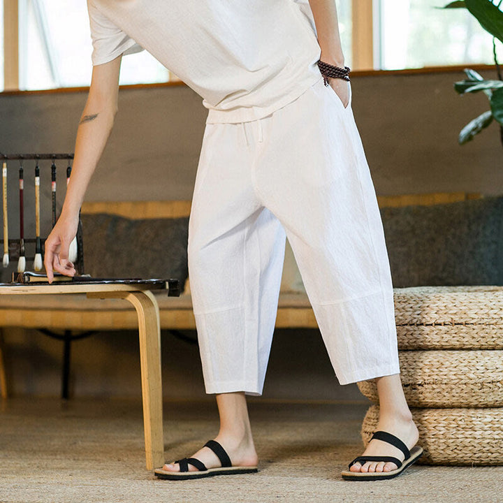 Pantalones harén de lino y algodón con cordón, diseño simple de Buddha Stones, para hombre, de color liso, con bolsillos - image 26
