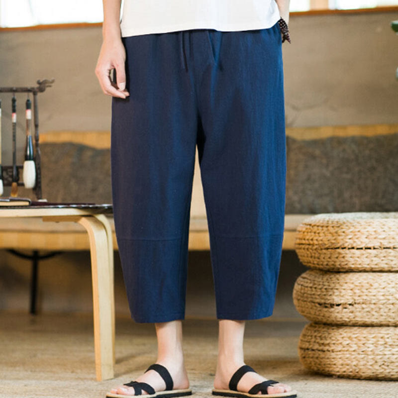 Pantalones harén de lino y algodón con cordón, diseño simple de Buddha Stones, para hombre, de color liso, con bolsillos - Marina de guerra - US/UK/AU46, EU56 (5XL) - image 29