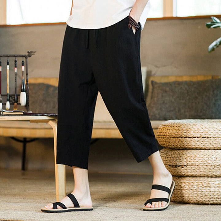 Pantalones harén de lino y algodón con cordón, diseño simple de Buddha Stones, para hombre, de color liso, con bolsillos - image 15