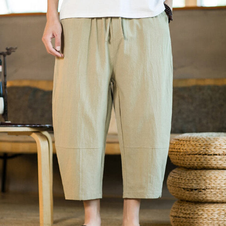 Pantalones harén de lino y algodón con cordón, diseño simple de Buddha Stones, para hombre, de color liso, con bolsillos - image 5