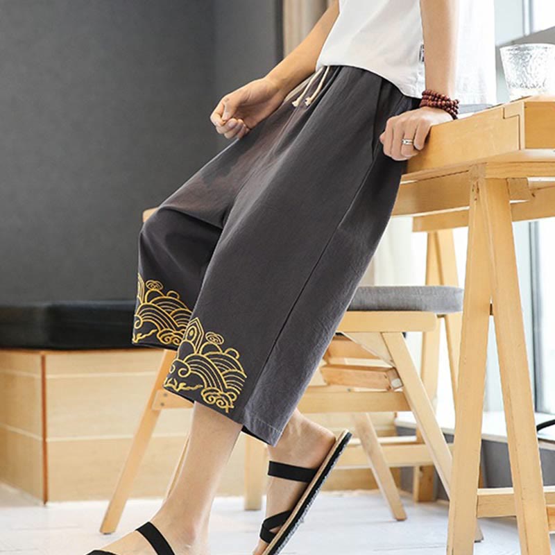 Pantalones harén de lino y algodón con bolsillos para hombre, informales, con bordado de Buddha Stones, de primavera, con cordón ajustable, de largo 7-8 - image 20