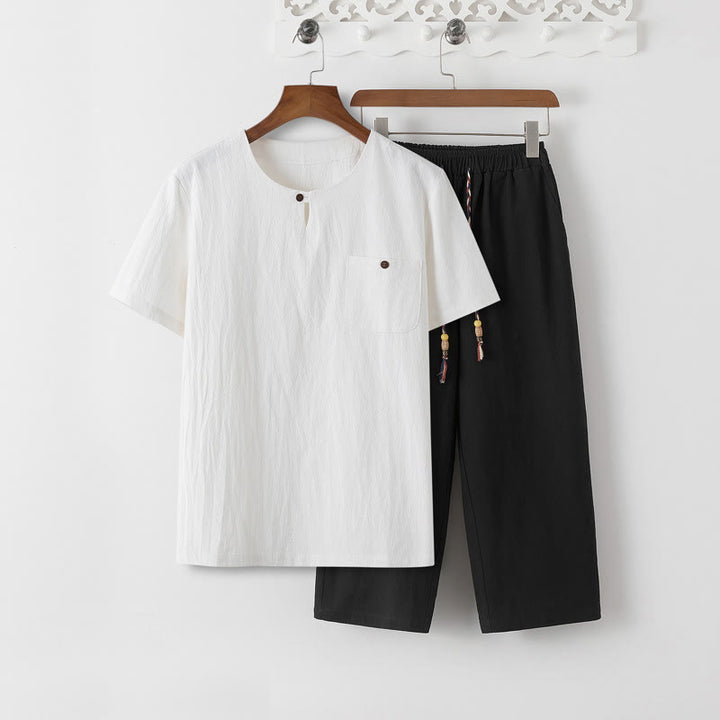Conjunto de 2 piezas de camiseta de manga corta con estampado de Buddha Stones y pantalones de longitud 7-8, traje Tang de algodón y lino, ropa de meditación para hombre con bolsillos - Camiseta blanca y pantalón negro - US/UK/AU46, EU56 (5XL) - image 15