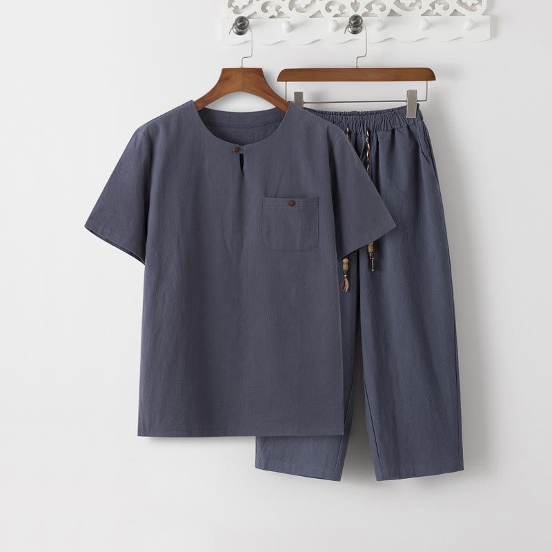 Conjunto de 2 piezas de camiseta de manga corta con estampado de Buddha Stones y pantalones de longitud 7-8, traje Tang de algodón y lino, ropa de meditación para hombre con bolsillos - Camiseta y pantalones gris pizarra - US/UK/AU46, EU56 (5XL) - image 1