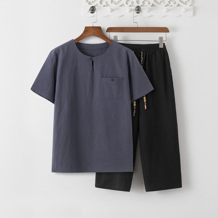 Conjunto de 2 piezas de camiseta de manga corta con estampado de Buddha Stones y pantalones de longitud 7-8, traje Tang de algodón y lino, ropa de meditación para hombre con bolsillos - Camiseta gris pizarra y pantalón negro - US/UK/AU46, EU56 (5XL) - image 12