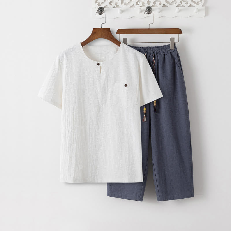 Conjunto de 2 piezas de camiseta de manga corta con estampado de Buddha Stones y pantalones de longitud 7-8, traje Tang de algodón y lino, ropa de meditación para hombre con bolsillos - Camiseta blanca y pantalones gris pizarra - US/UK/AU46, EU56 (5XL) - image 0