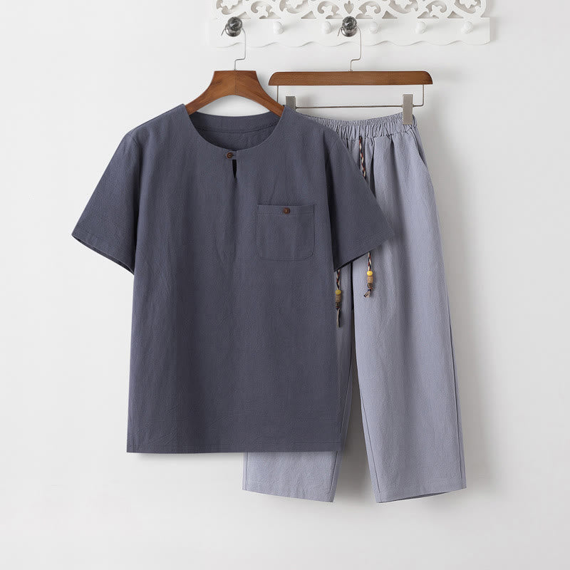Conjunto de 2 piezas de camiseta de manga corta con estampado de Buddha Stones y pantalones de longitud 7-8, traje Tang de algodón y lino, ropa de meditación para hombre con bolsillos - Camiseta gris pizarra y pantalón azul acero claro - US/UK/AU46, EU56 (5XL) - image 11