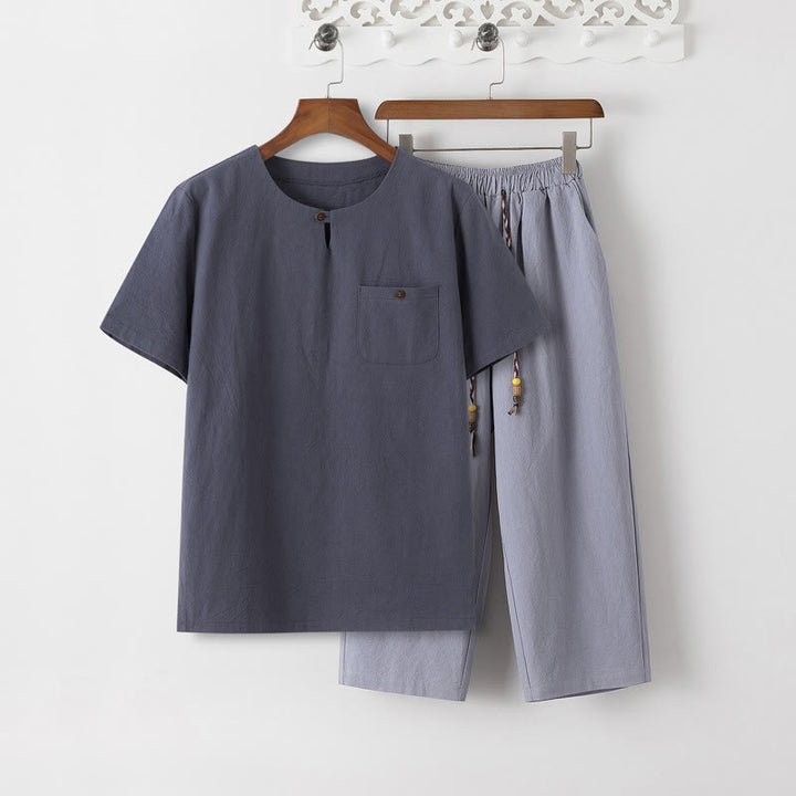 Conjunto de 2 piezas de camiseta de manga corta con estampado de Buddha Stones y pantalones de longitud 7-8, traje Tang de algodón y lino, ropa de meditación para hombre con bolsillos - Camiseta gris pizarra y pantalón azul acero claro - US/UK/AU46, EU56 (5XL) - image 11