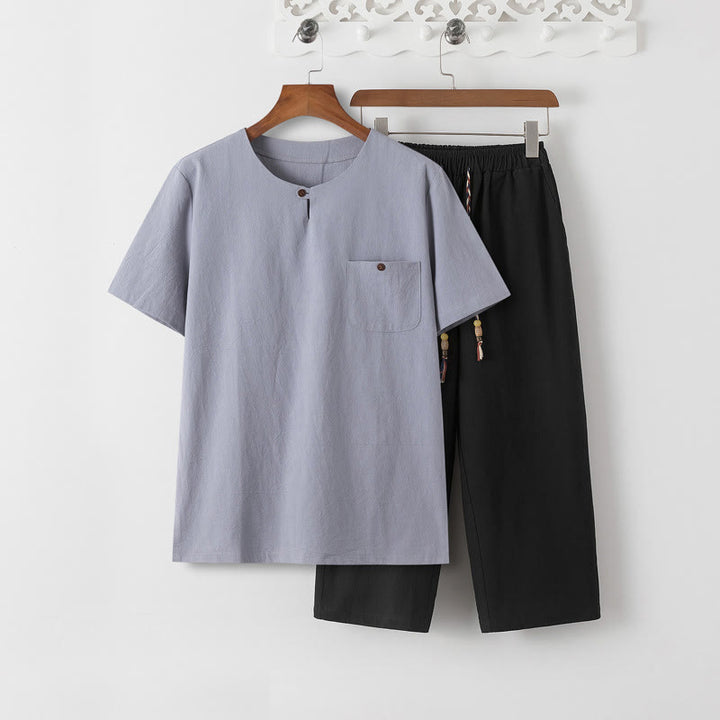 Conjunto de 2 piezas de camiseta de manga corta con estampado de Buddha Stones y pantalones de longitud 7-8, traje Tang de algodón y lino, ropa de meditación para hombre con bolsillos - Camiseta azul acero claro y pantalón negro - US/UK/AU46, EU56 (5XL) - image 14
