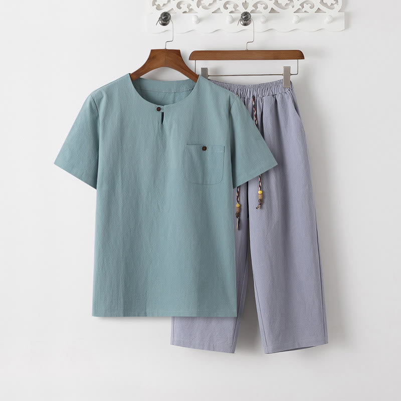 Conjunto de 2 piezas de camiseta de manga corta con estampado de Buddha Stones y pantalones de longitud 7-8, traje Tang de algodón y lino, ropa de meditación para hombre con bolsillos - Camiseta turquesa pálido y pantalón azul acero claro - US/UK/AU46, EU56 (5XL) - image 18
