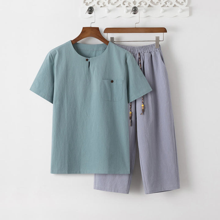 Conjunto de 2 piezas de camiseta de manga corta con estampado de Buddha Stones y pantalones de longitud 7-8, traje Tang de algodón y lino, ropa de meditación para hombre con bolsillos - Camiseta turquesa pálido y pantalón azul acero claro - US/UK/AU46, EU56 (5XL) - image 18