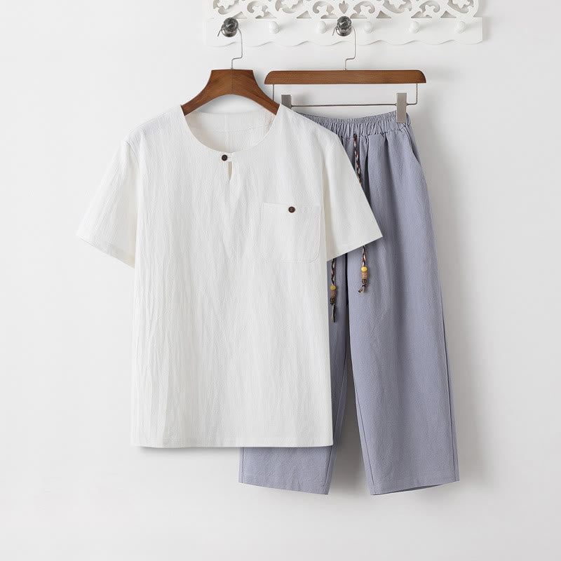 Conjunto de 2 piezas de camiseta de manga corta con estampado de Buddha Stones y pantalones de longitud 7-8, traje Tang de algodón y lino, ropa de meditación para hombre con bolsillos - Camiseta blanca y pantalón azul acero claro - US/UK/AU46, EU56 (5XL) - image 16