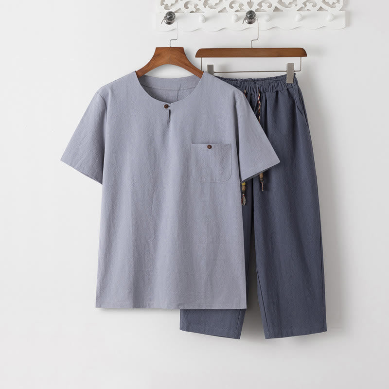 Conjunto de 2 piezas de camiseta de manga corta con estampado de Buddha Stones y pantalones de longitud 7-8, traje Tang de algodón y lino, ropa de meditación para hombre con bolsillos - Camiseta azul acero claro y pantalones gris pizarra - US/UK/AU46, EU56 (5XL) - image 13