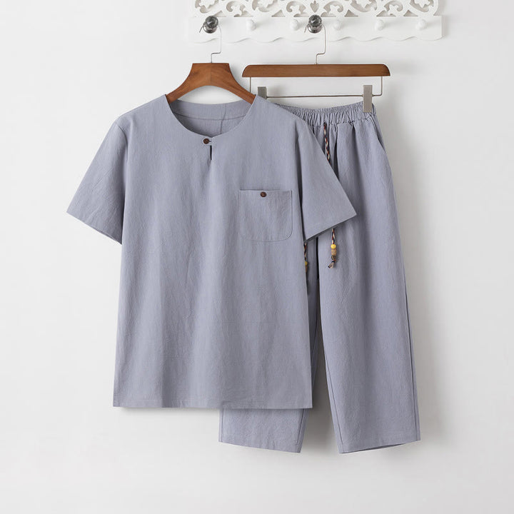 Conjunto de 2 piezas de camiseta de manga corta con estampado de Buddha Stones y pantalones de longitud 7-8, traje Tang de algodón y lino, ropa de meditación para hombre con bolsillos - Camiseta LightSteelBlue y pantalones LightSteelBlue - US/UK/AU46, EU56 (5XL) - image 10