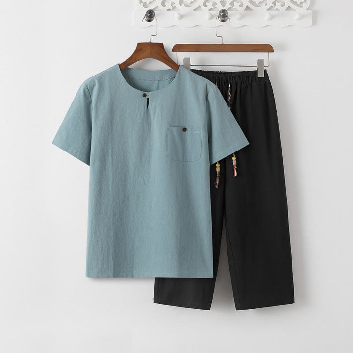 Conjunto de 2 piezas de camiseta de manga corta con estampado de Buddha Stones y pantalones de longitud 7-8, traje Tang de algodón y lino, ropa de meditación para hombre con bolsillos - Camiseta turquesa pálido y pantalón negro - US/UK/AU46, EU56 (5XL) - image 17