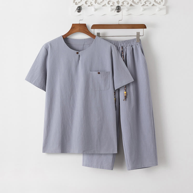 Conjunto de 2 piezas de camiseta de manga corta con estampado de Buddha Stones y pantalones de longitud 7-8, traje Tang de algodón y lino, ropa de meditación para hombre con bolsillos - Camiseta y pantalones LightSteelBlue - US/UK/AU46, EU56 (5XL) - image 10