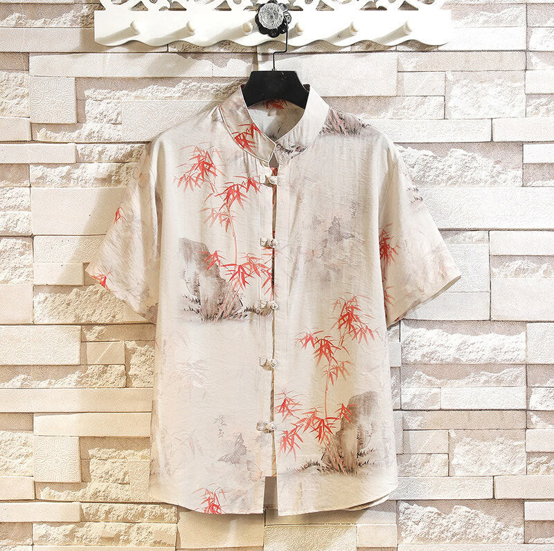 Chaqueta tipo camisa para hombre de manga corta con diseño de mariposas de bambú y botones de rana, con Buddha Stones en verano - Beige - US/UK/AU46, EU56 (5XL) - image 0