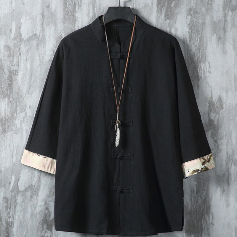 Camisa de lino y algodón para hombre, diseño de media manga con botones de rana y estampado de Buddha Stones, de verano - Negro - US/UK/AU46, EU56 (5XL) - image 1