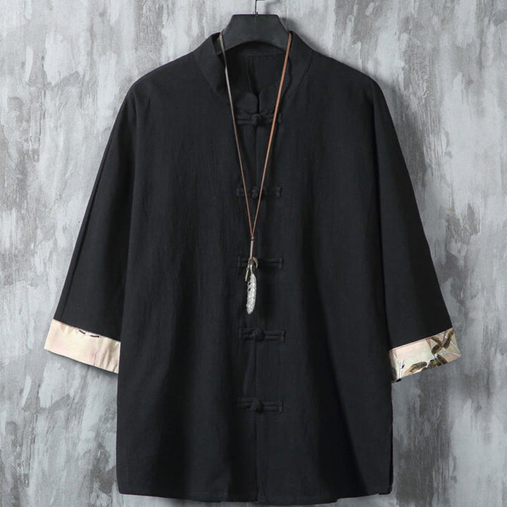 Camisa de lino y algodón para hombre, diseño de media manga con botones de rana y estampado de Buddha Stones, de verano - Negro - US/UK/AU46, EU56 (5XL) - image 1