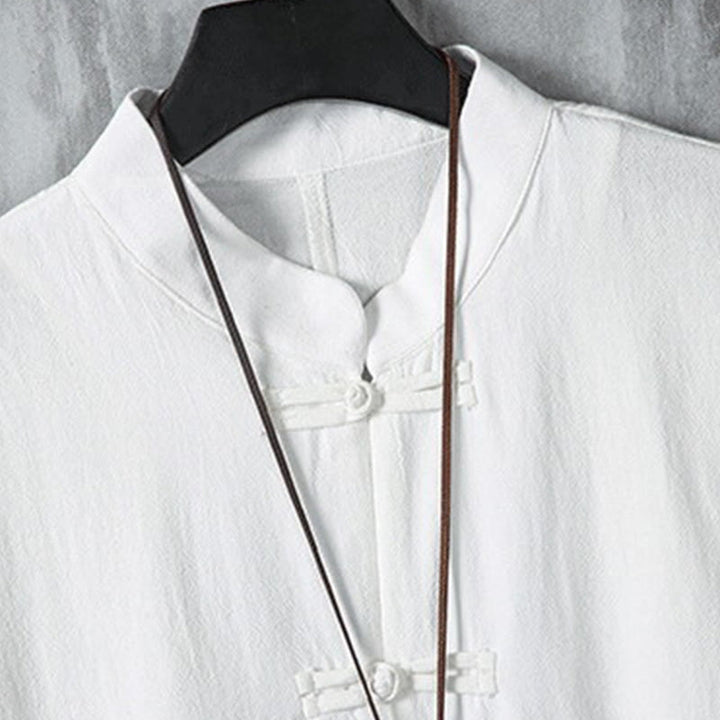 Camisa de lino y algodón para hombre, diseño de media manga con botones de rana y estampado de Buddha Stones, de verano - image 4