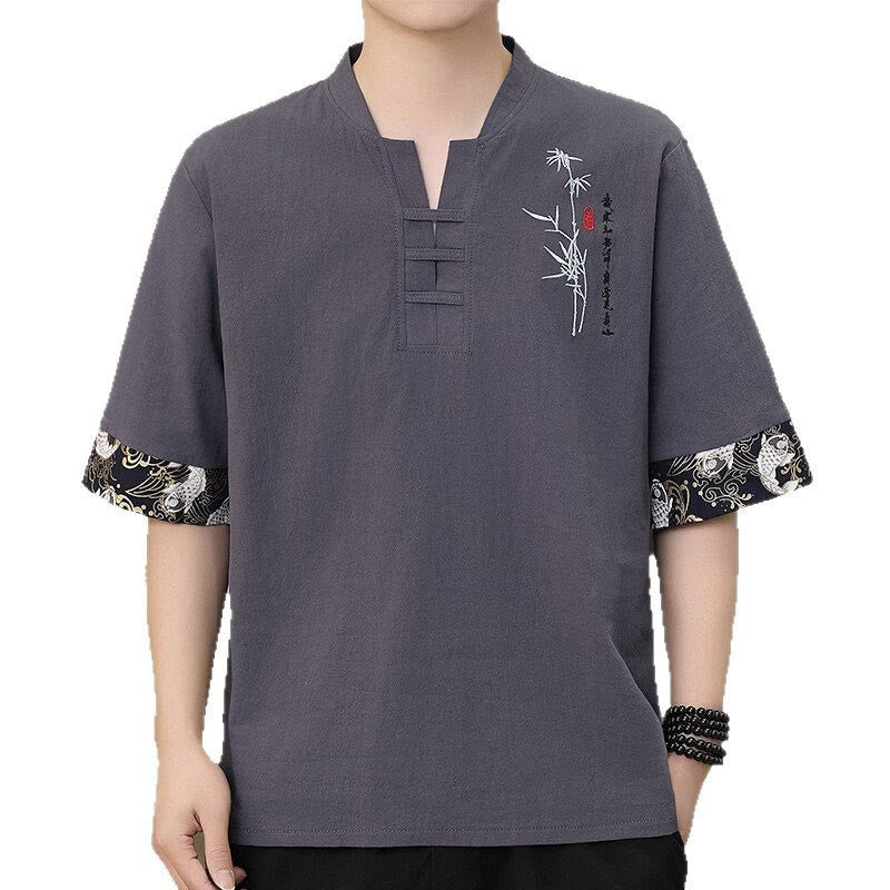 Camiseta de lino y algodón de media manga para hombre con diseño de patchwork y bordado de bambú con Buddha Stones de verano - image 3