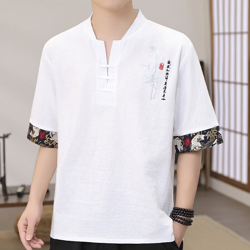 Camiseta de lino y algodón de media manga para hombre con diseño de patchwork y bordado de bambú con Buddha Stones de verano - Blanco - US/UK/AU46, EU56 (5XL) - image 0