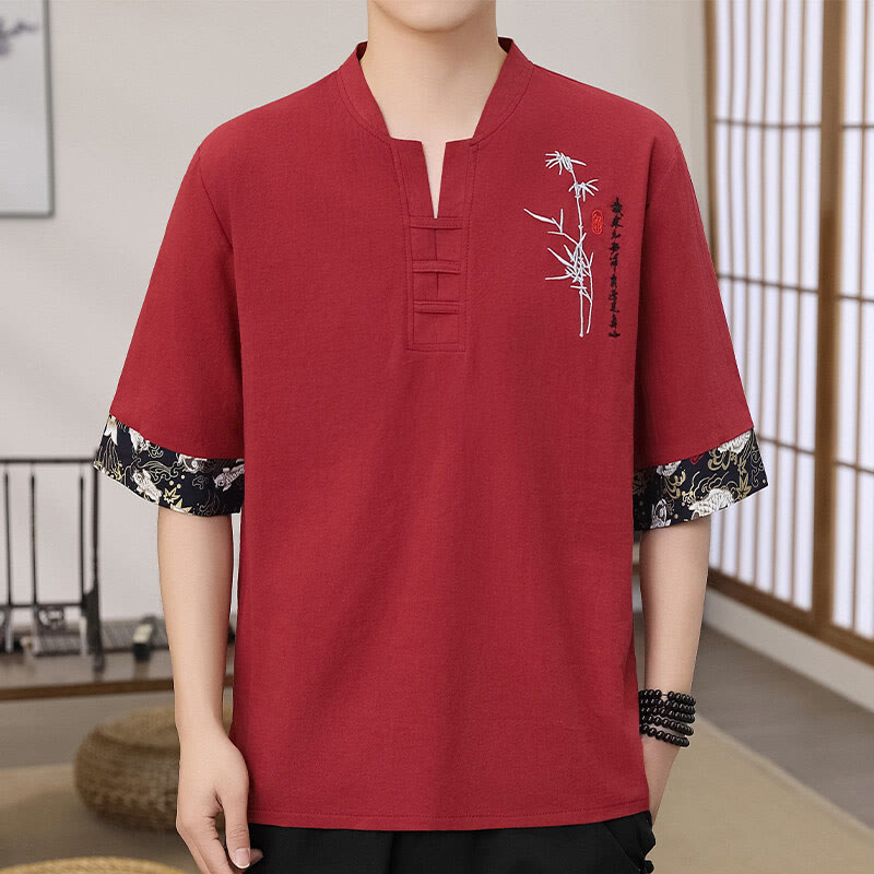 Camiseta de lino y algodón de media manga para hombre con diseño de patchwork y bordado de bambú con Buddha Stones de verano - Carmesí - US/UK/AU46, EU56 (5XL) - image 5