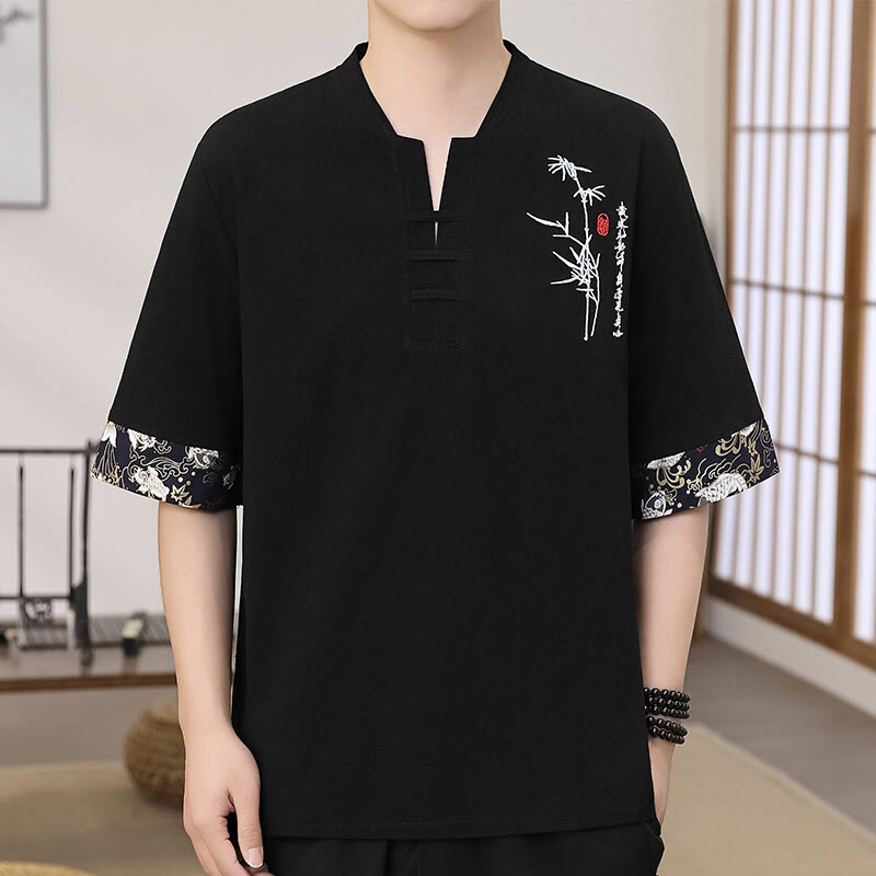 Camiseta de lino y algodón de media manga para hombre con diseño de patchwork y bordado de bambú con Buddha Stones de verano - Negro - US/UK/AU46, EU56 (5XL) - image 1