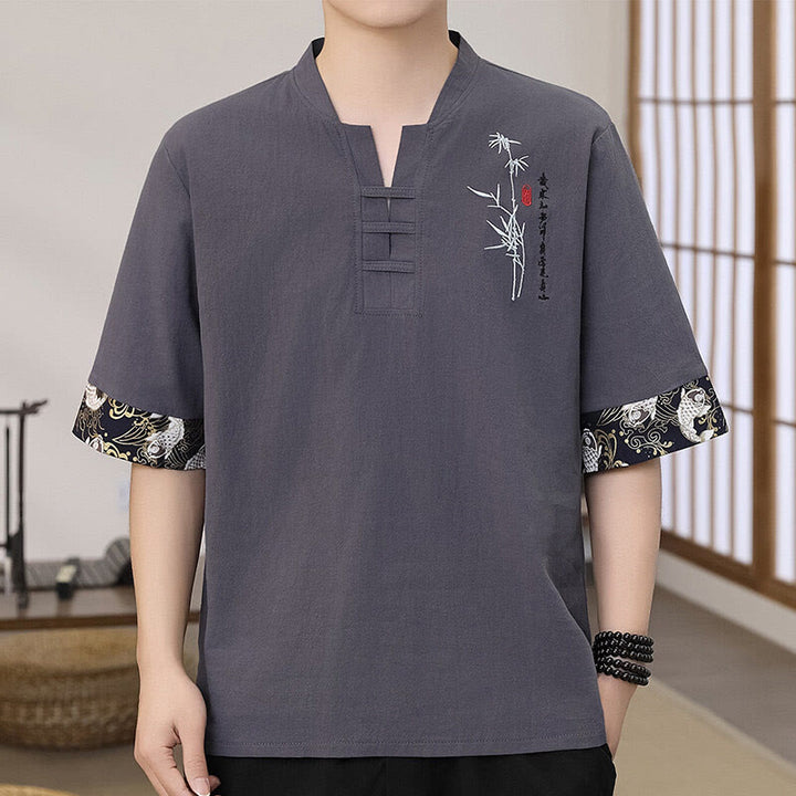 Camiseta de lino y algodón de media manga para hombre con diseño de patchwork y bordado de bambú con Buddha Stones de verano - Gris pizarra - US/UK/AU46, EU56 (5XL) - image 2