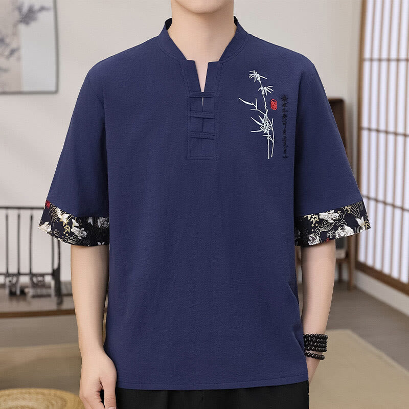 Camiseta de lino y algodón de media manga para hombre con diseño de patchwork y bordado de bambú con Buddha Stones de verano - Azul pizarra oscuro - US/UK/AU46, EU56 (5XL) - image 4