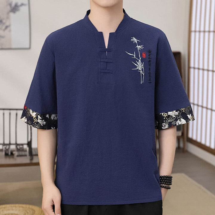Camiseta de lino y algodón de media manga para hombre con diseño de patchwork y bordado de bambú con Buddha Stones de verano - Azul pizarra oscuro - US/UK/AU46, EU56 (5XL) - image 4