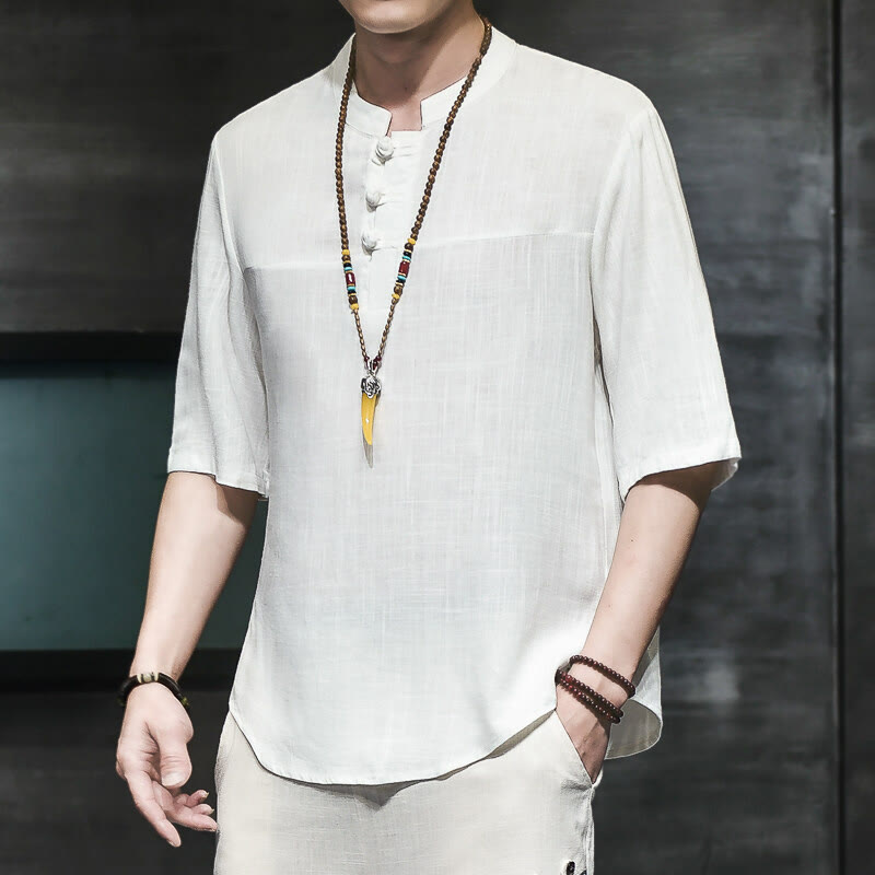 Camiseta de lino y algodón de media manga para hombre, estilo casual vintage con diseño de rana china y Buddha Stones - Blanco - US/UK/AU46, EU56 (5XL) - image 7