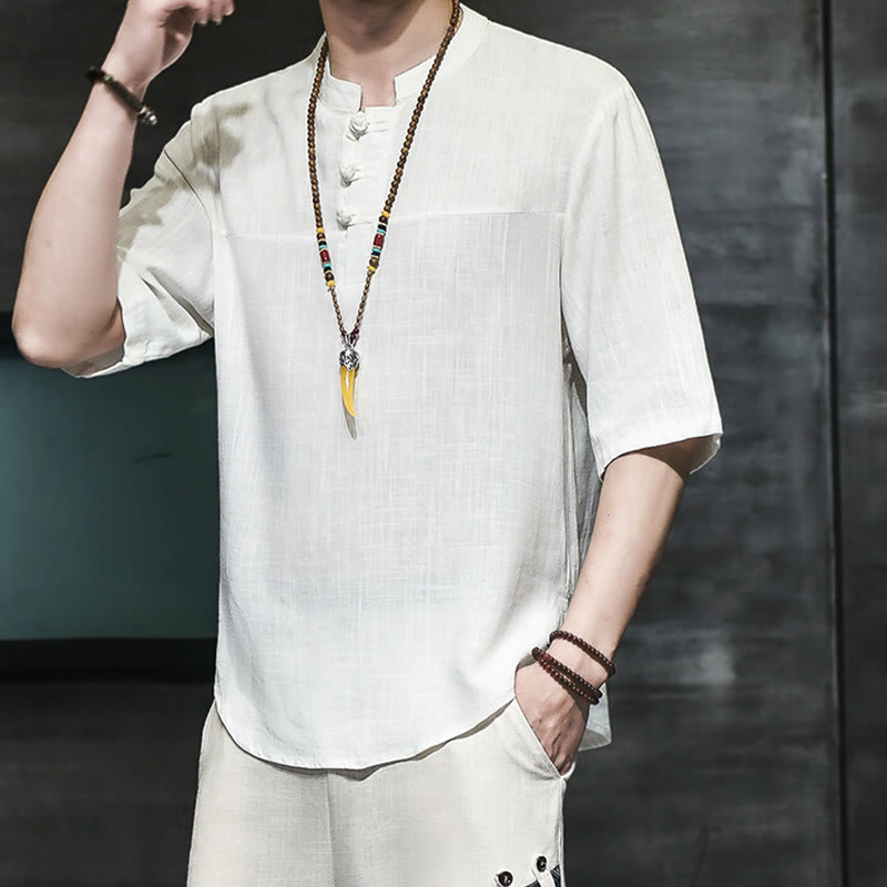 Camiseta de lino y algodón de media manga para hombre, estilo casual vintage con diseño de rana china y Buddha Stones - image 8