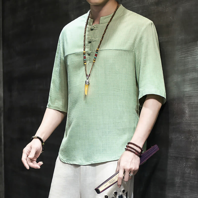 Camiseta de lino y algodón de media manga para hombre, estilo casual vintage con diseño de rana china y Buddha Stones - image 16