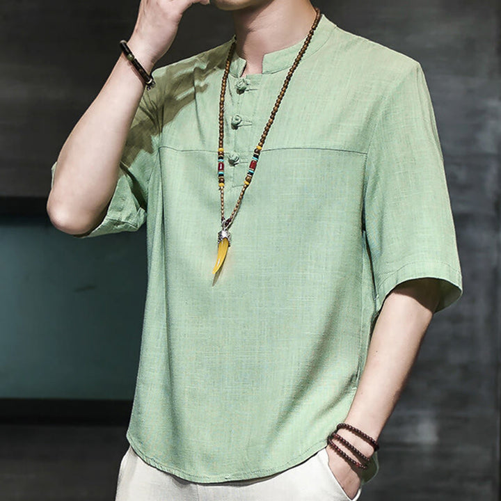 Camiseta de lino y algodón de media manga para hombre, estilo casual vintage con diseño de rana china y Buddha Stones - Primavera verde - US/UK/AU46, EU56 (5XL) - image 13