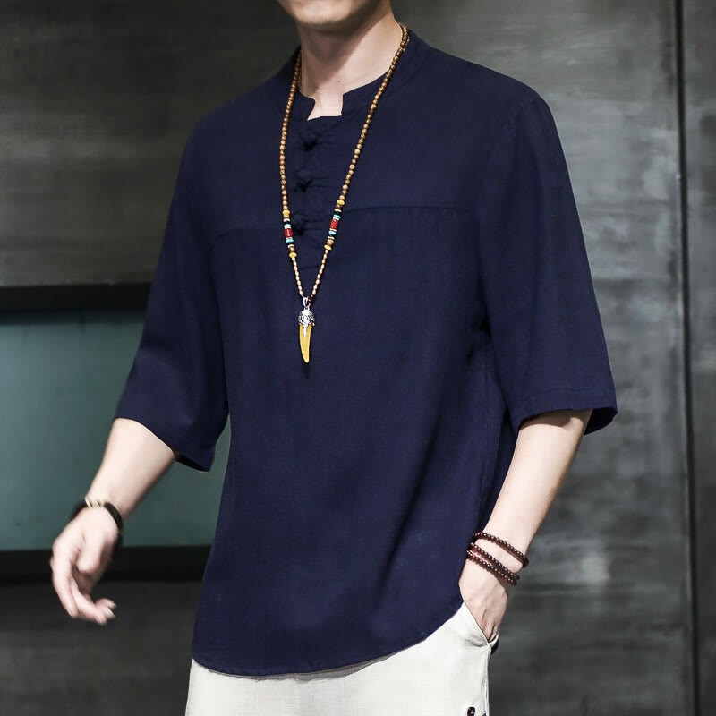 Camiseta de lino y algodón de media manga para hombre, estilo casual vintage con diseño de rana china y Buddha Stones - Azul medianoche - US/UK/AU46, EU56 (5XL) - image 19