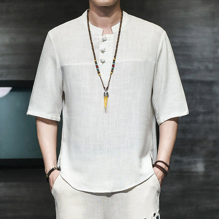 Camiseta de lino y algodón de media manga para hombre, estilo casual vintage con diseño de rana china y Buddha Stones - image 9